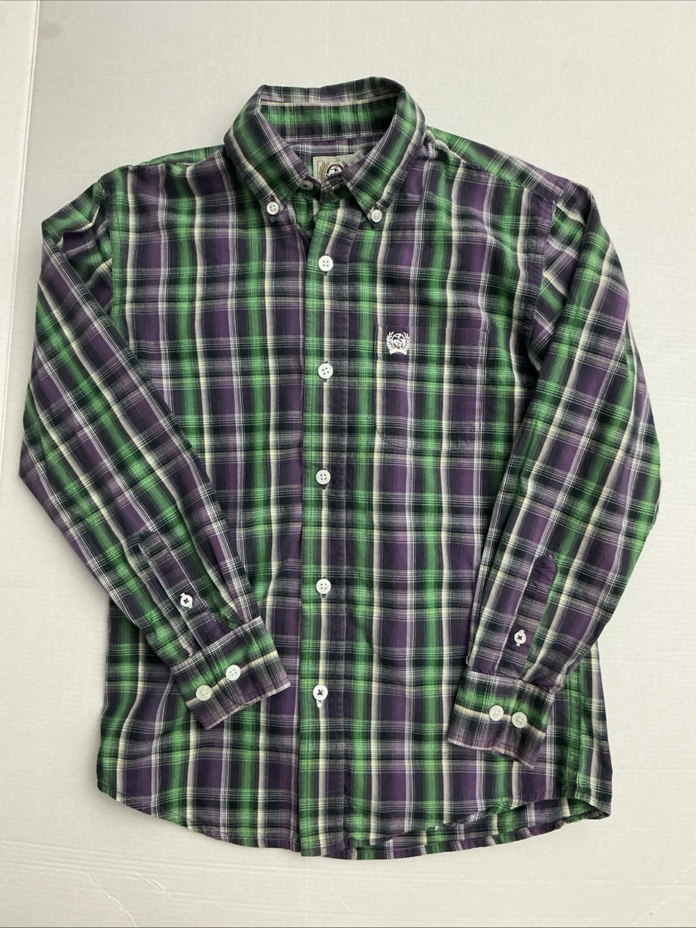 Cinch Boys Plaid Button Down Shirt Purple Green Western Sz Small 6/8